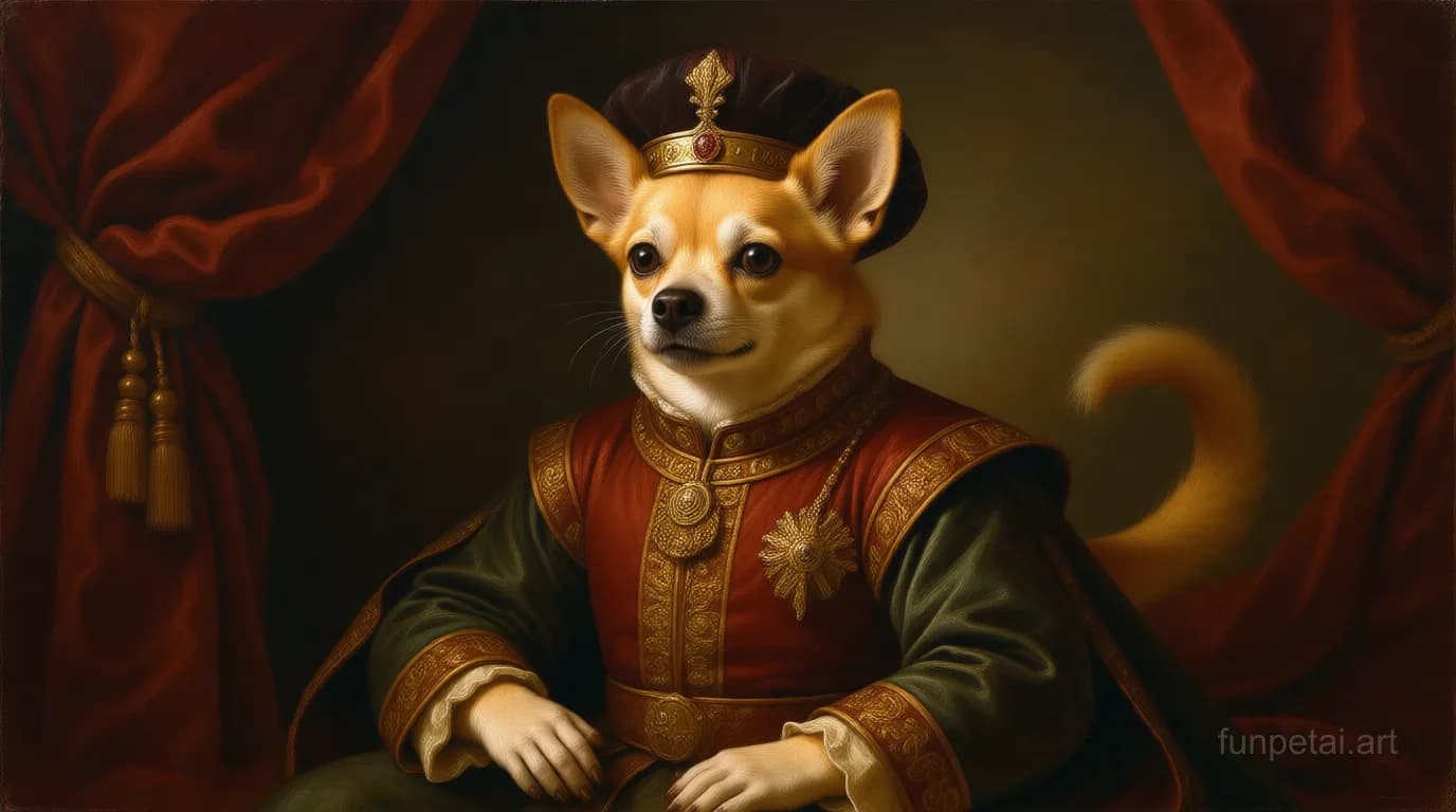 Chihuahua in a royal portrait with ornate outfit, classic oil texture, cinematic AI pet portrait
