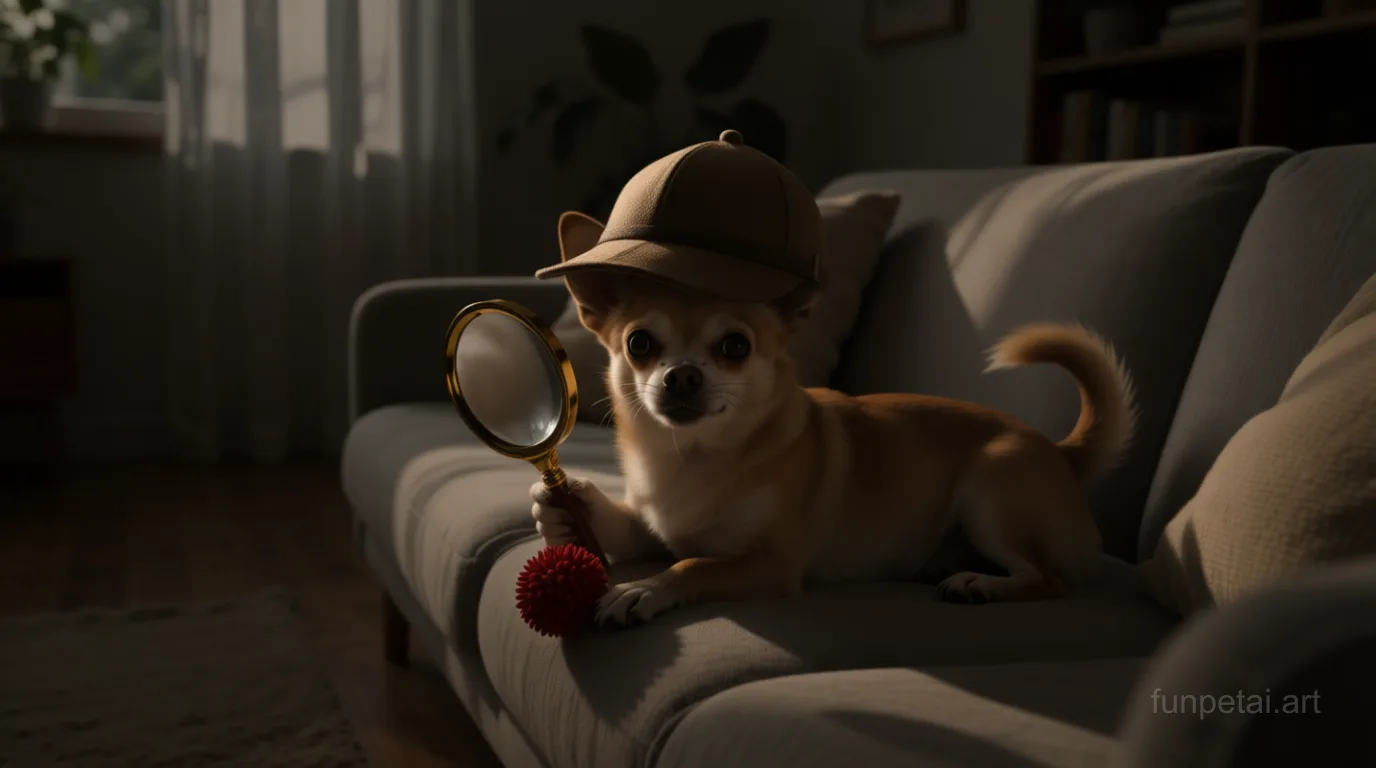 Chihuahua as a detective with a deerstalker hat and magnifier, cinematic AI pet portrait
