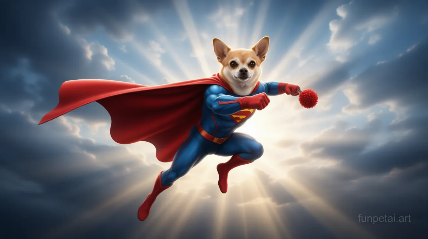 Chihuahua as a superhero with a cape and heroic sky, cinematic AI pet portrait