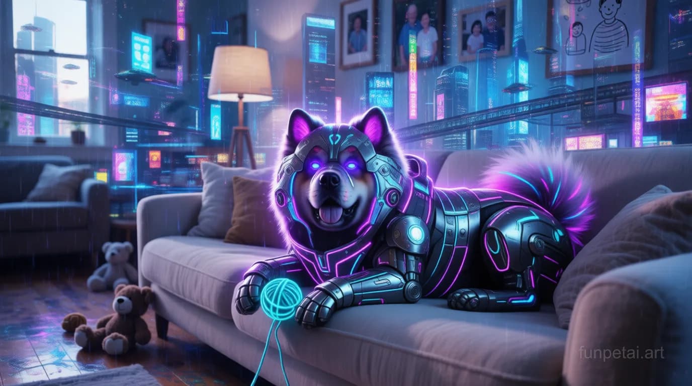 Chow Chow in neon cyberpunk city lights with metallic accents, cinematic AI pet portrait
