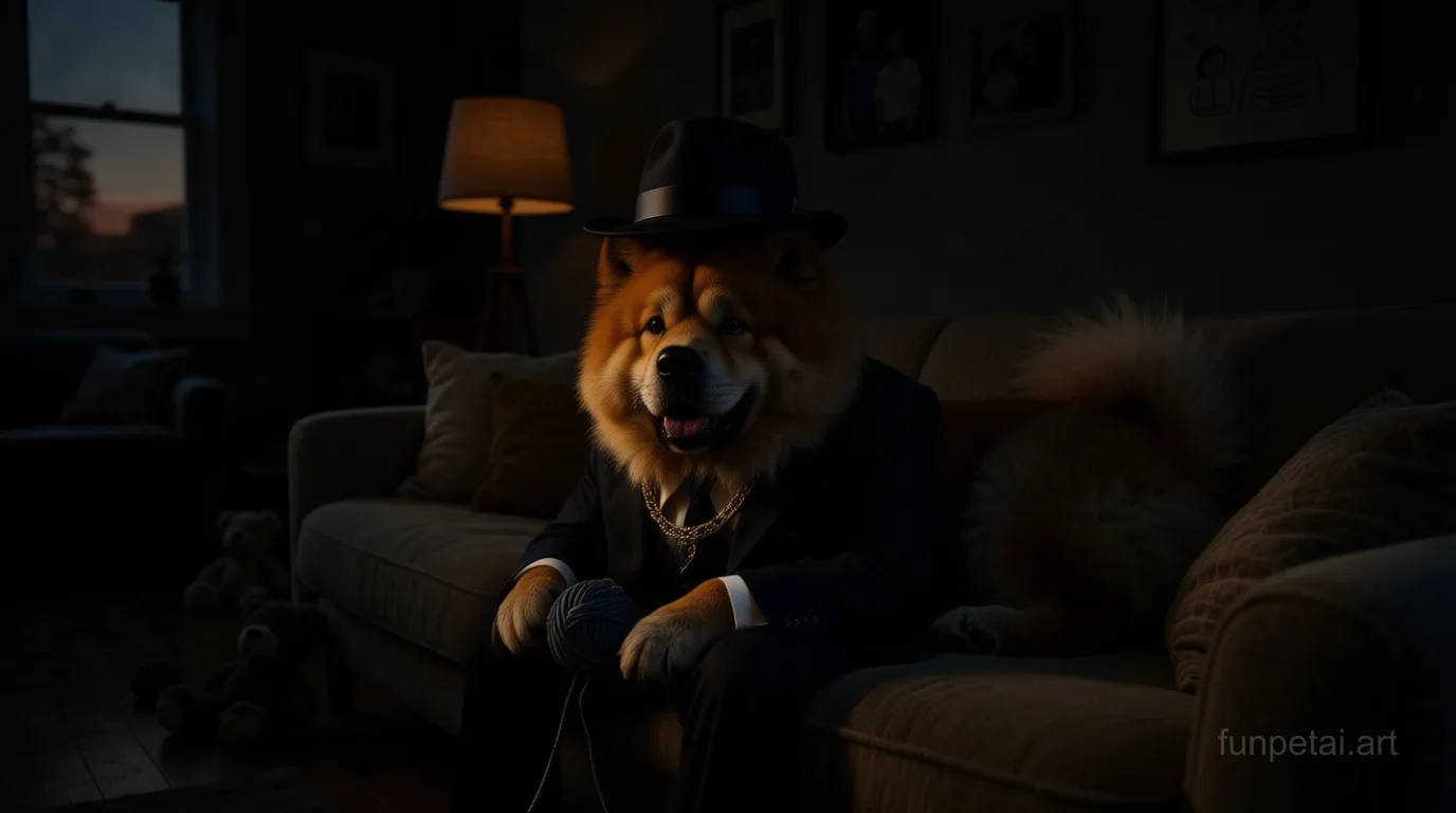 Chow Chow in a dark suit with gold chain, cinematic noir lighting, cinematic AI pet portrait