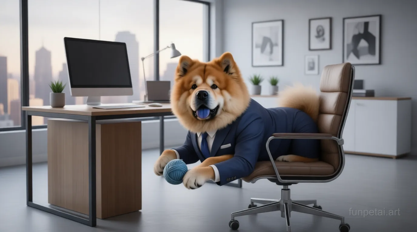 Chow Chow in a tailored suit at a modern office desk, cinematic AI pet portrait