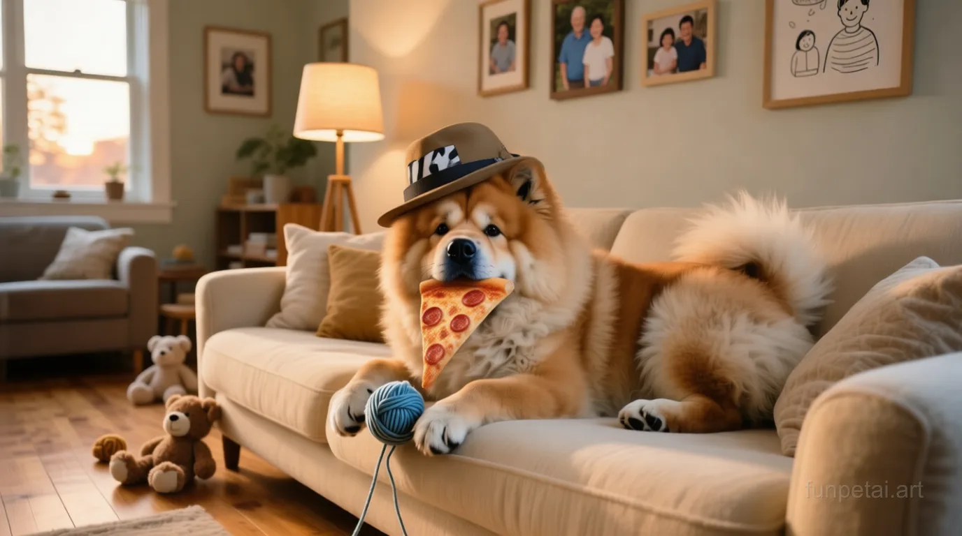 Chow Chow stealing a pizza slice with a playful expression, cinematic AI pet portrait