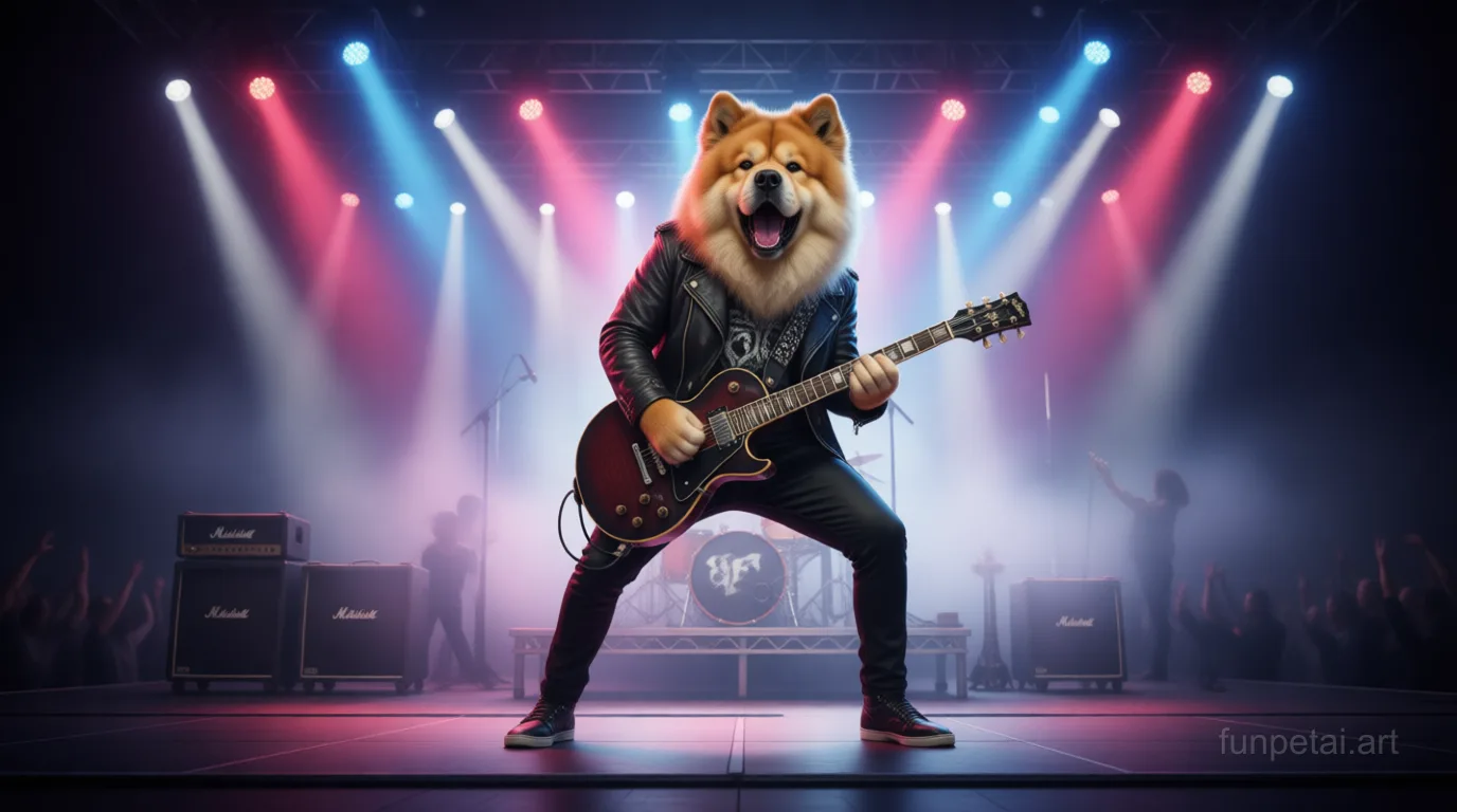 Chow Chow on stage with an electric guitar and concert lights, cinematic AI pet portrait