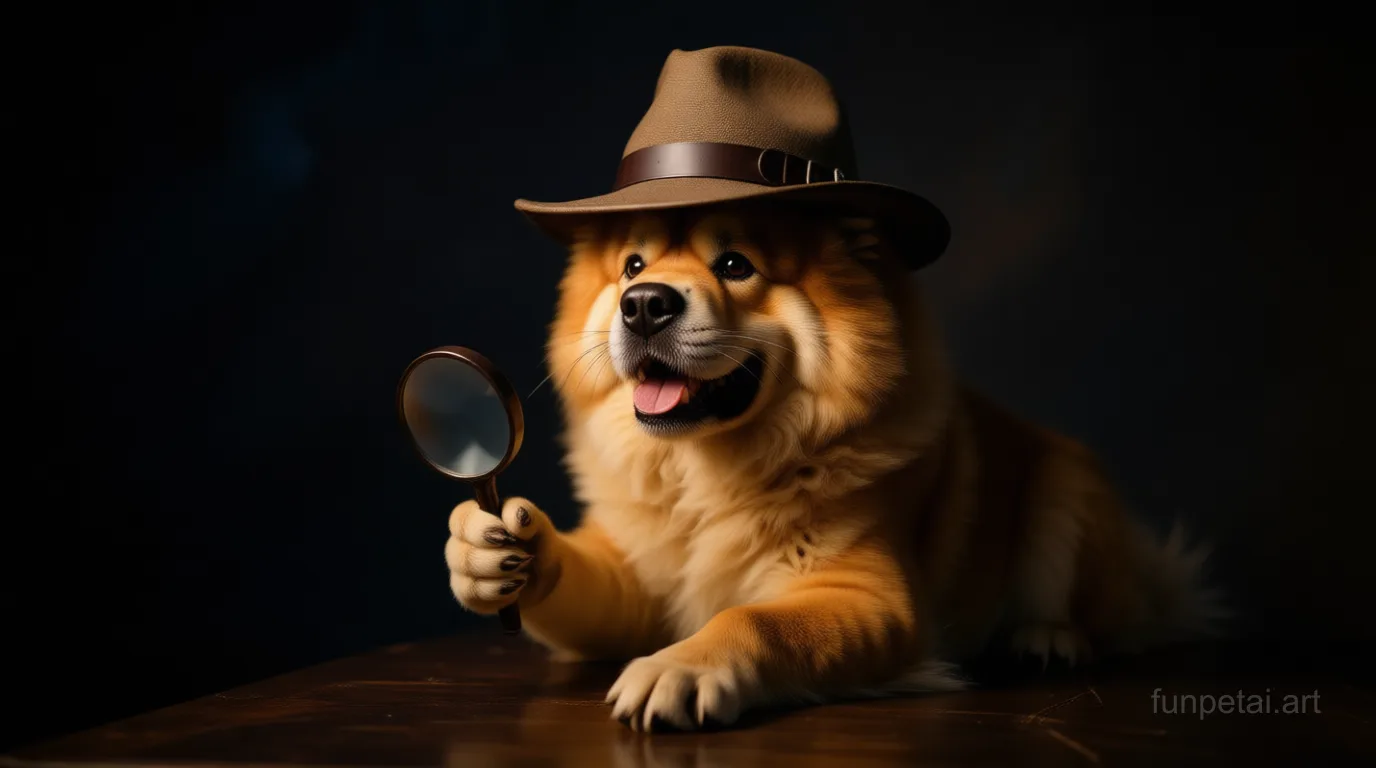 Chow Chow as a detective with a deerstalker hat and magnifier, cinematic AI pet portrait