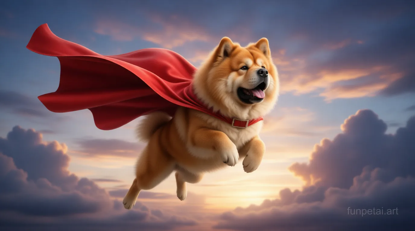 Chow Chow as a superhero with a cape and heroic sky, cinematic AI pet portrait