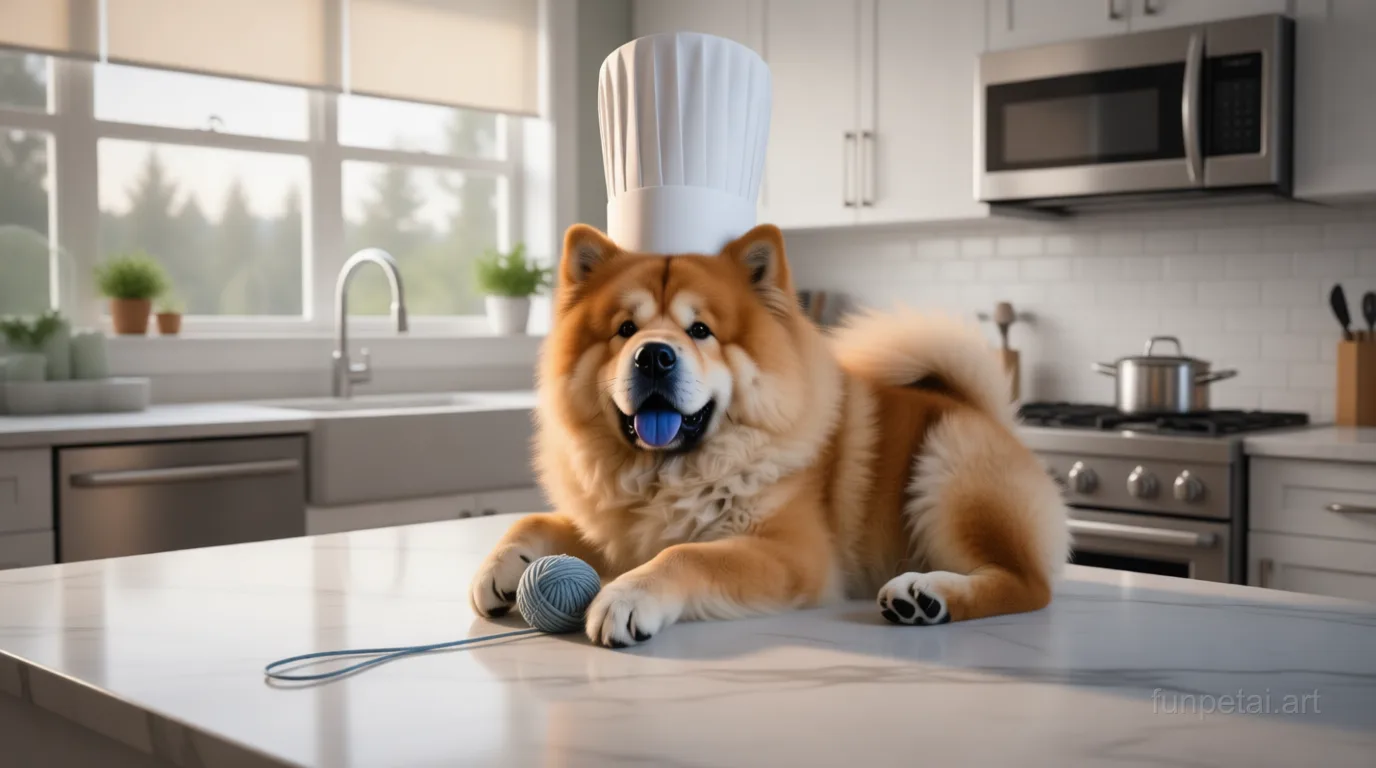 Chow Chow wearing a chef hat in a modern kitchen, cinematic AI pet portrait