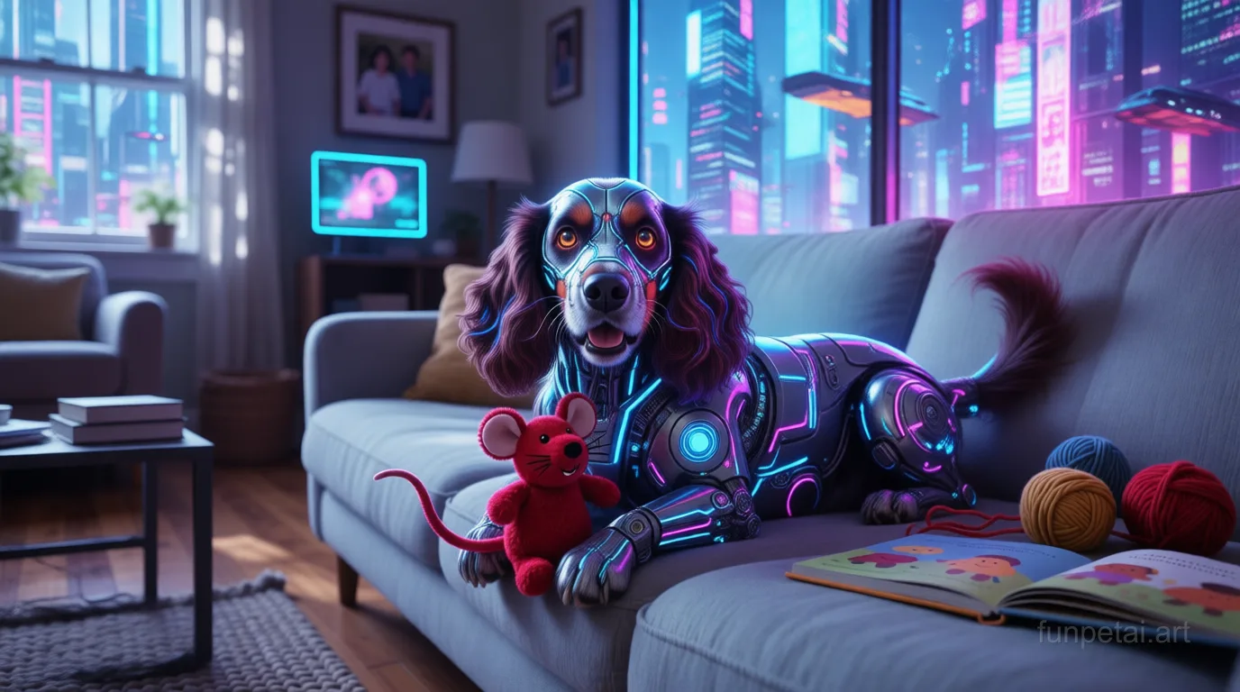 Cocker Spaniel in neon cyberpunk city lights with metallic accents, cinematic AI pet portrait