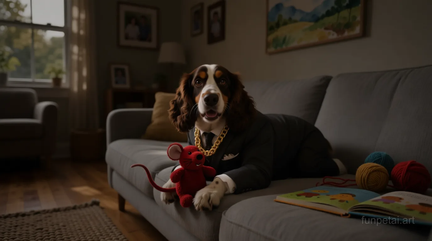 Cocker Spaniel in a dark suit with gold chain, cinematic noir lighting, cinematic AI pet portrait