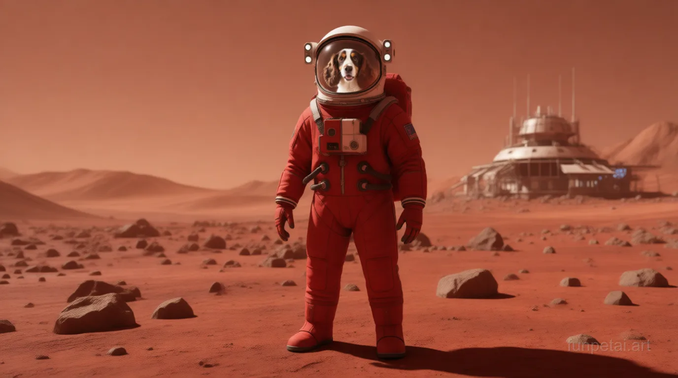 Cocker Spaniel wearing a space suit on Mars, red planet glow, cinematic AI pet portrait