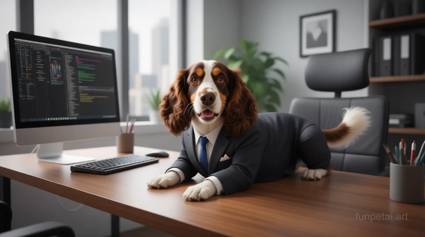 Cocker Spaniel in a tailored suit at a modern office desk, cinematic AI pet portrait