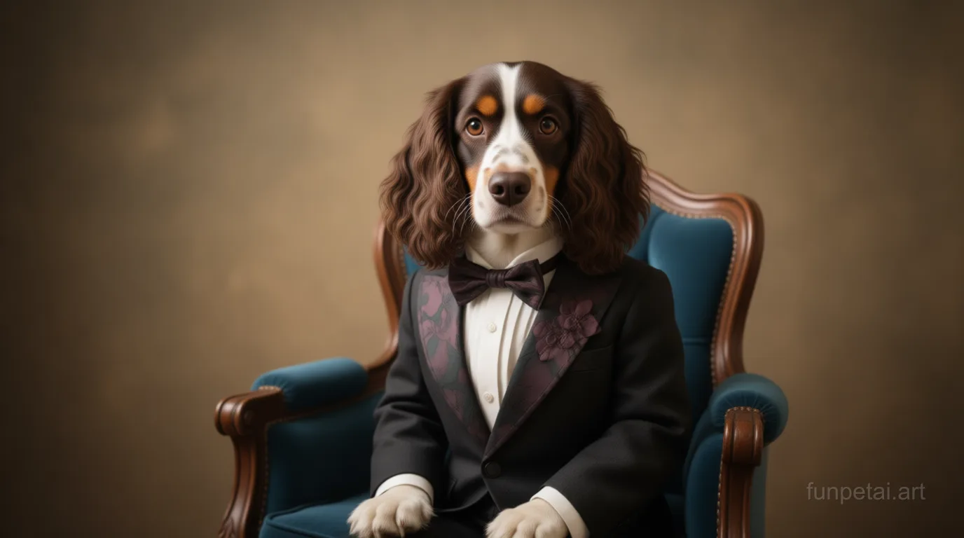 Cocker Spaniel in an old money portrait with cashmere texture, cinematic AI pet portrait