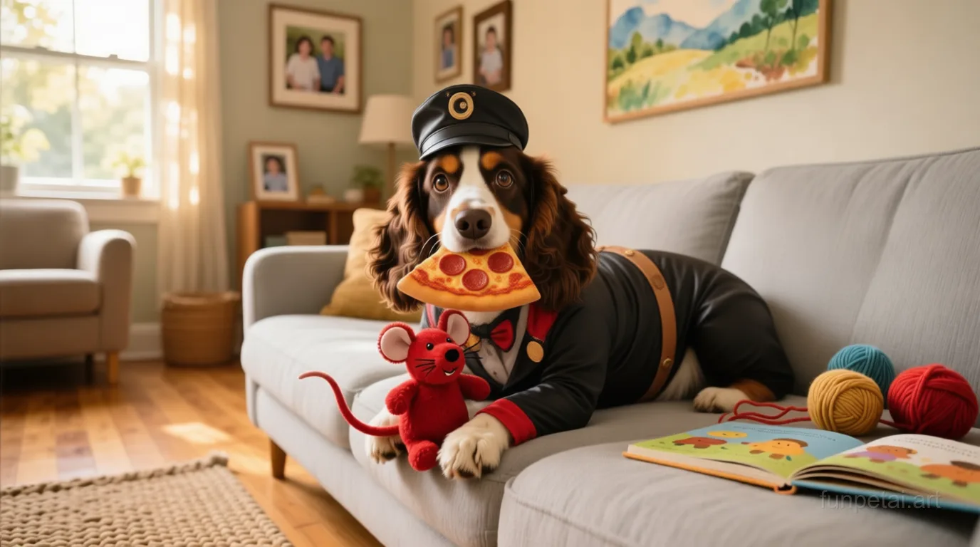 Cocker Spaniel stealing a pizza slice with a playful expression, cinematic AI pet portrait