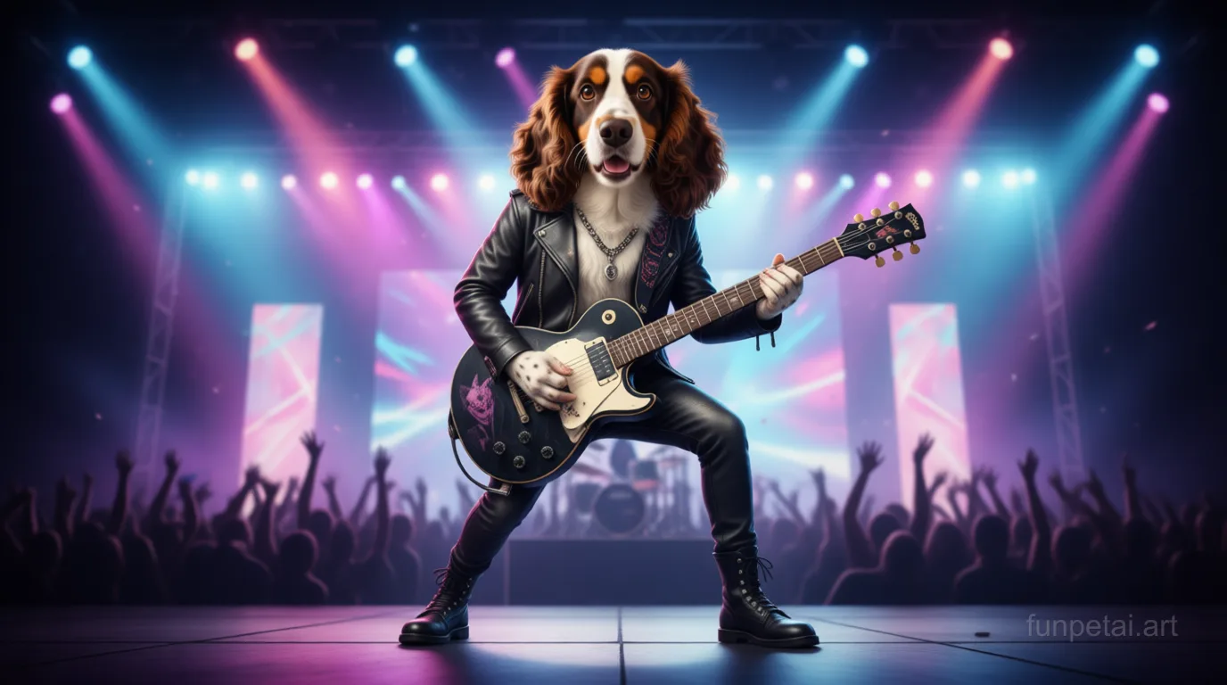Cocker Spaniel on stage with an electric guitar and concert lights, cinematic AI pet portrait