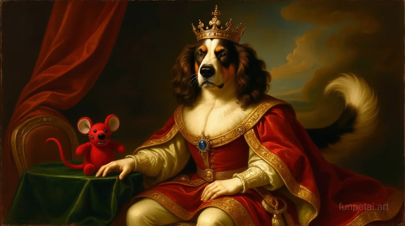 Cocker Spaniel in a royal portrait with ornate outfit, classic oil texture, cinematic AI pet portrait