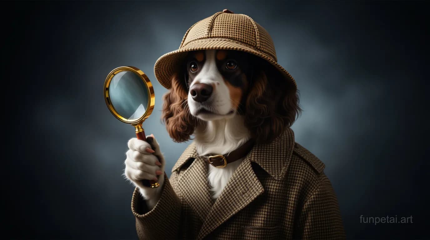 Cocker Spaniel as a detective with a deerstalker hat and magnifier, cinematic AI pet portrait