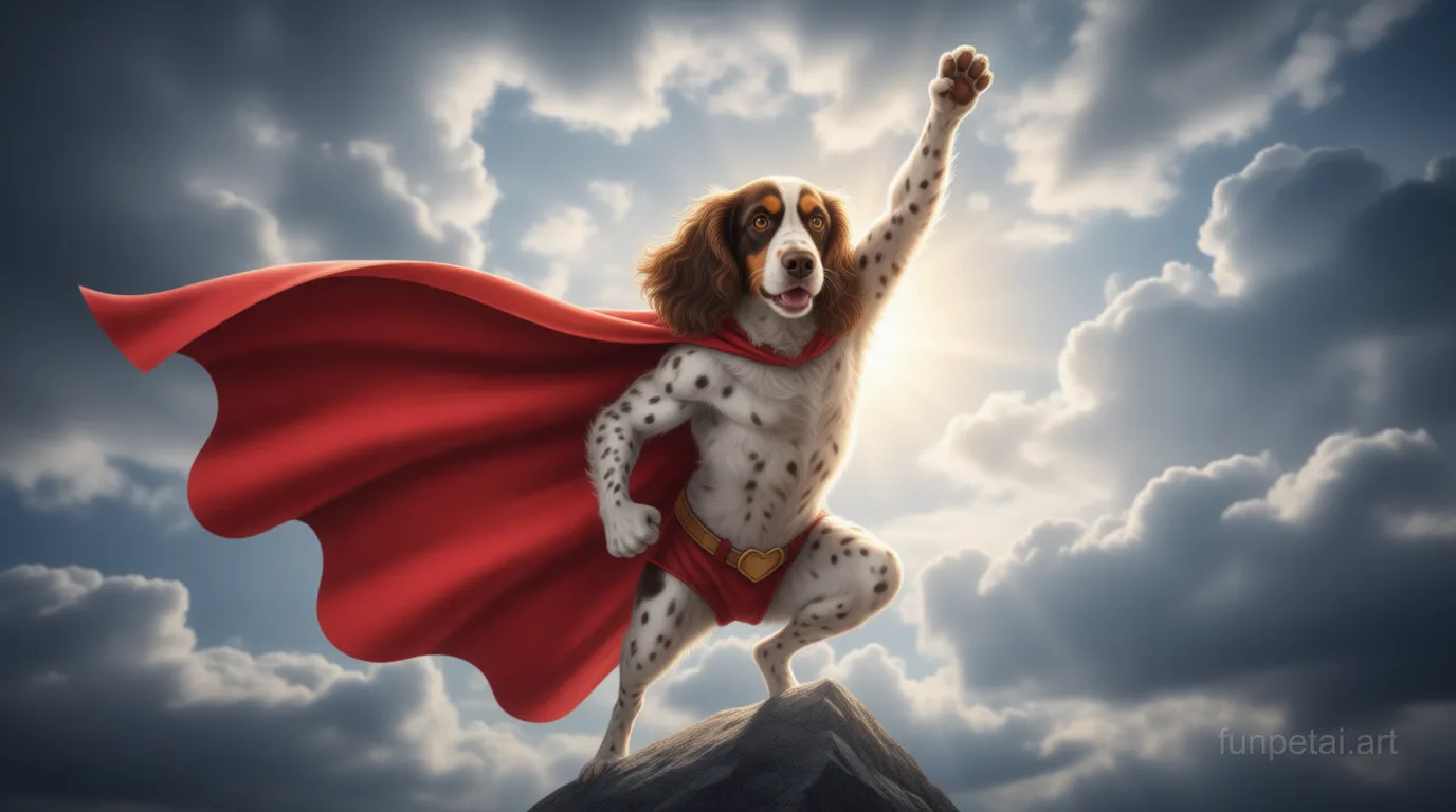 Cocker Spaniel as a superhero with a cape and heroic sky, cinematic AI pet portrait