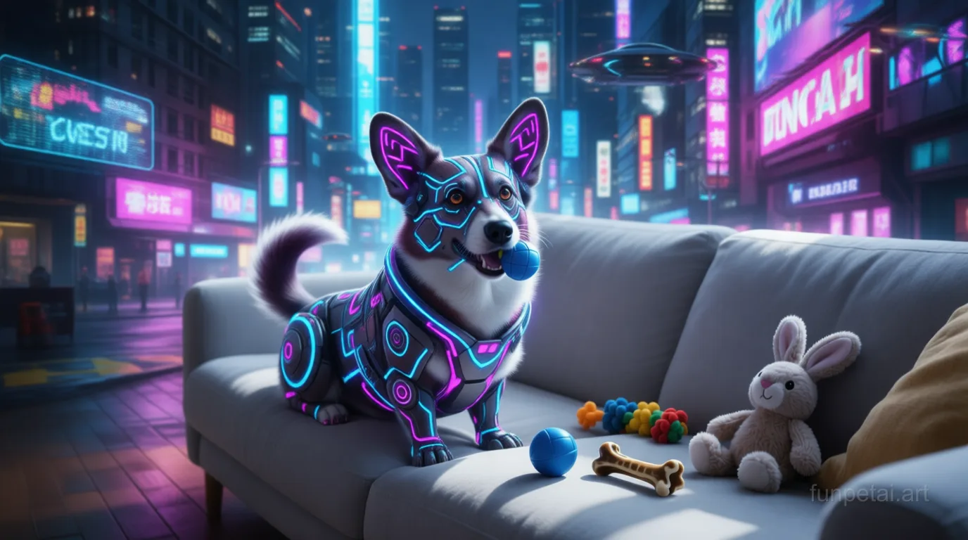 Corgi in neon cyberpunk city lights with metallic accents, cinematic AI pet portrait