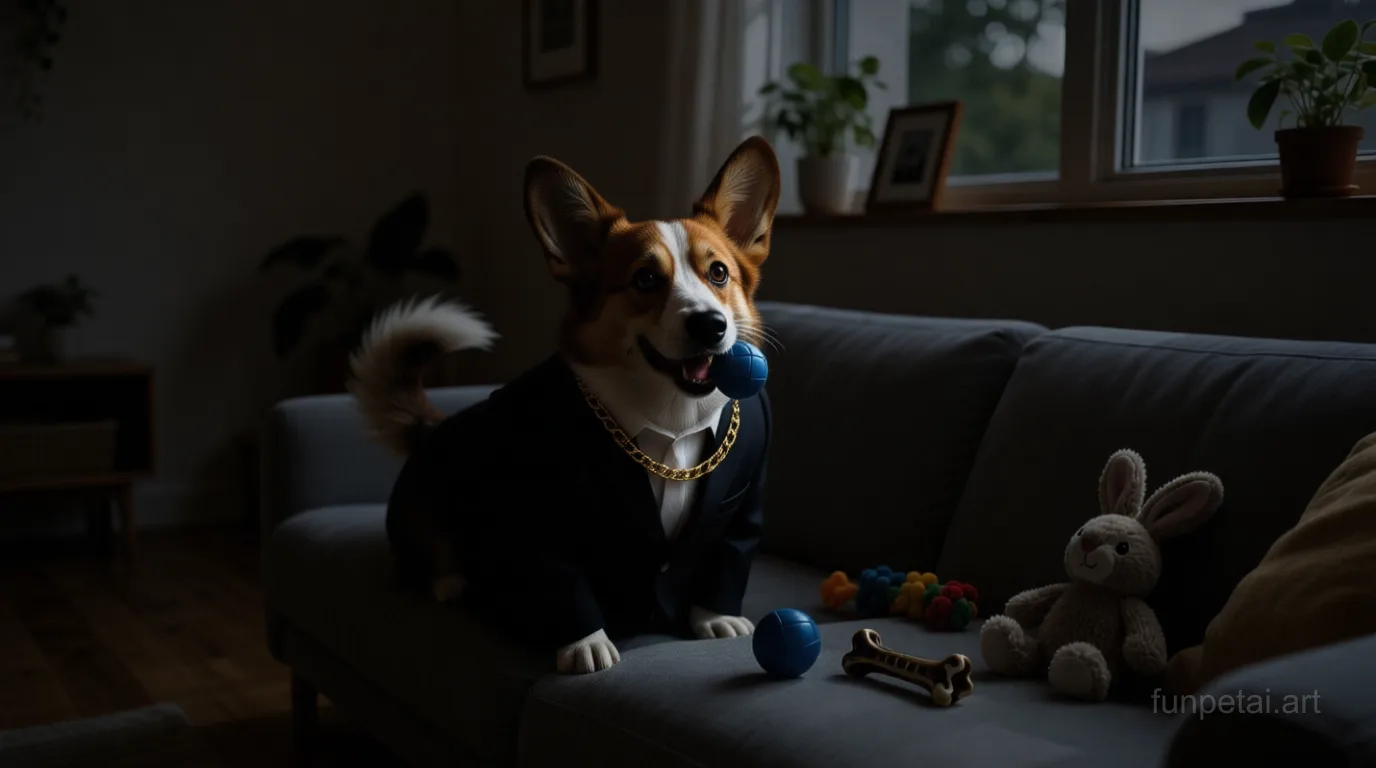 Corgi in a dark suit with gold chain, cinematic noir lighting, cinematic AI pet portrait