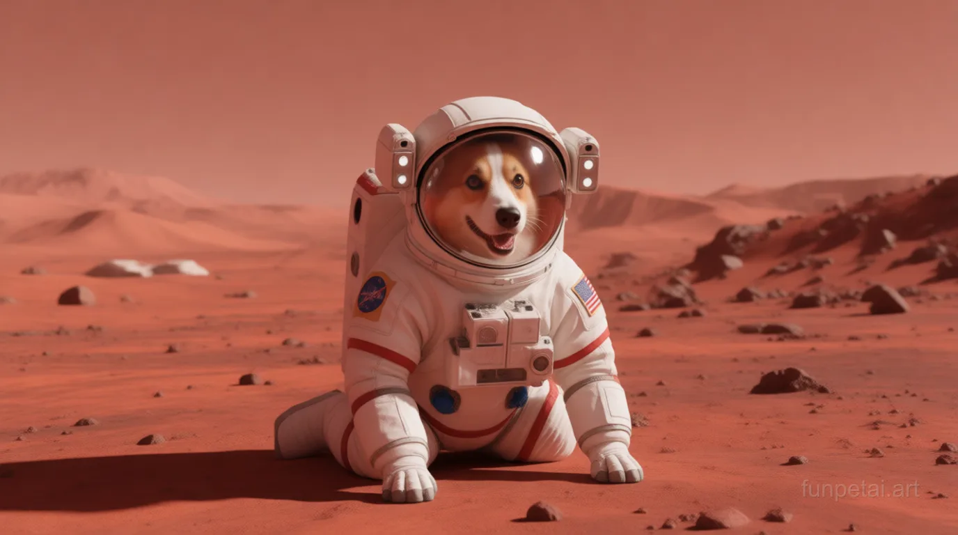 Corgi wearing a space suit on Mars, red planet glow, cinematic AI pet portrait