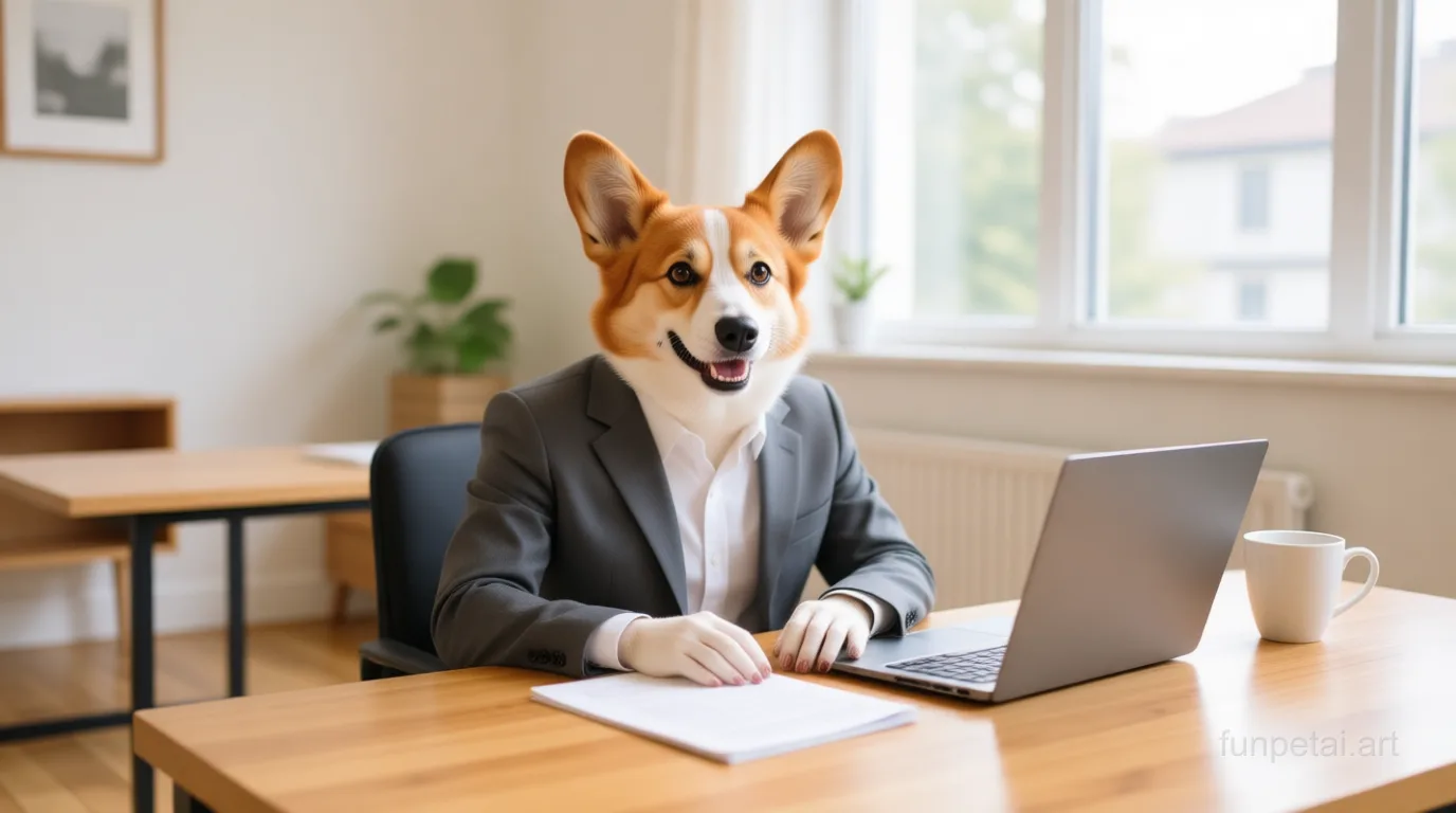 Corgi in a tailored suit at a modern office desk, cinematic AI pet portrait