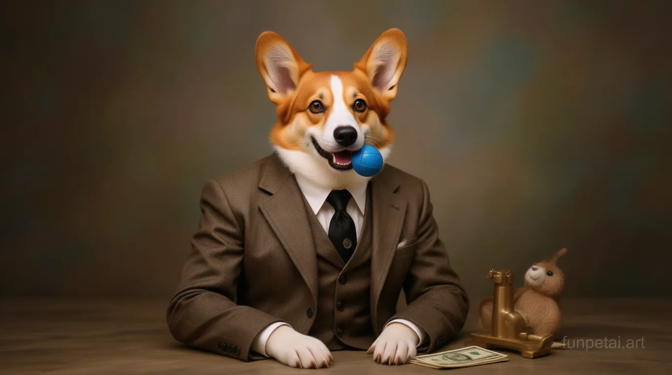 Corgi in an old money portrait with cashmere texture, cinematic AI pet portrait
