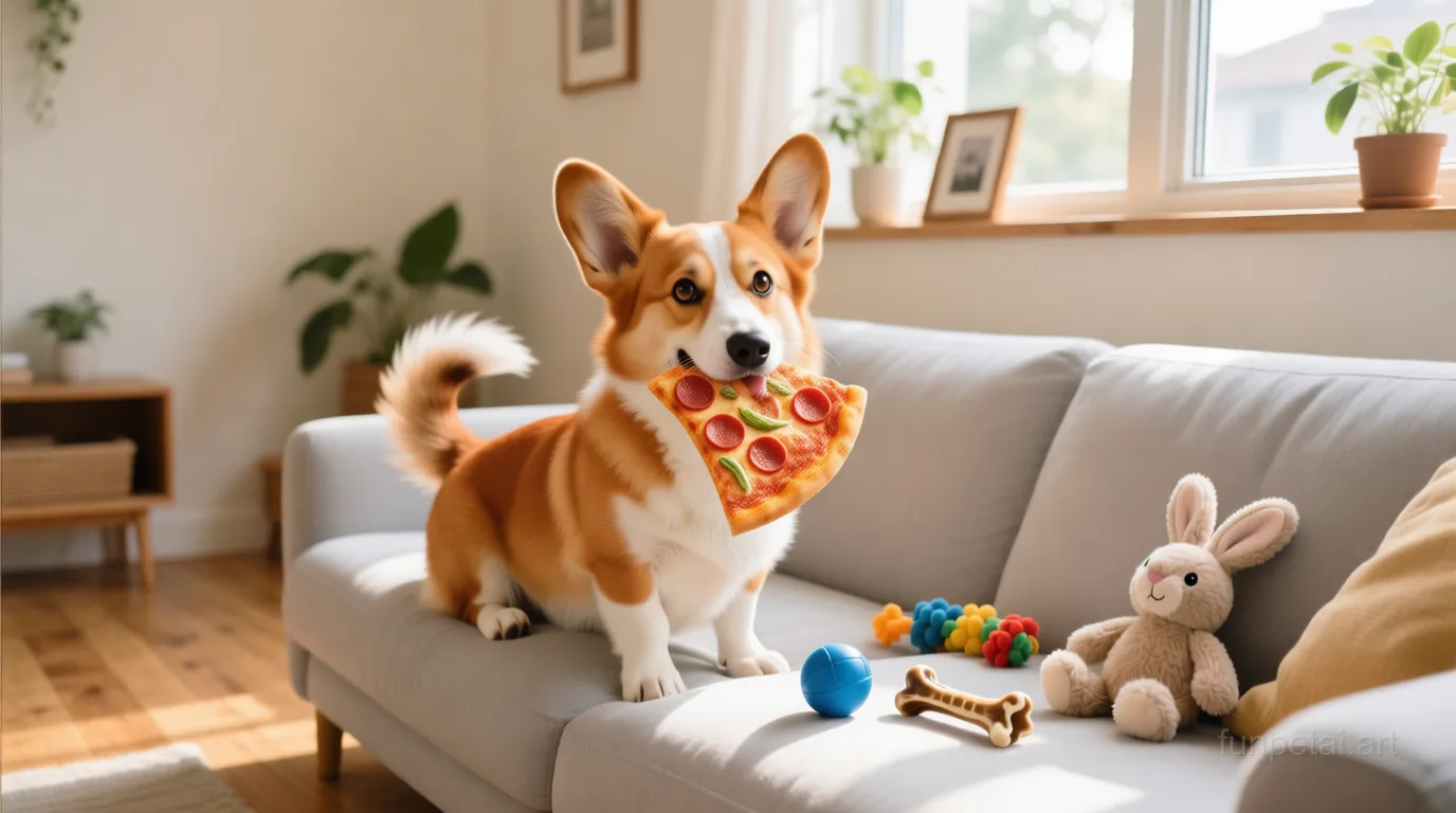 Corgi stealing a pizza slice with a playful expression, cinematic AI pet portrait