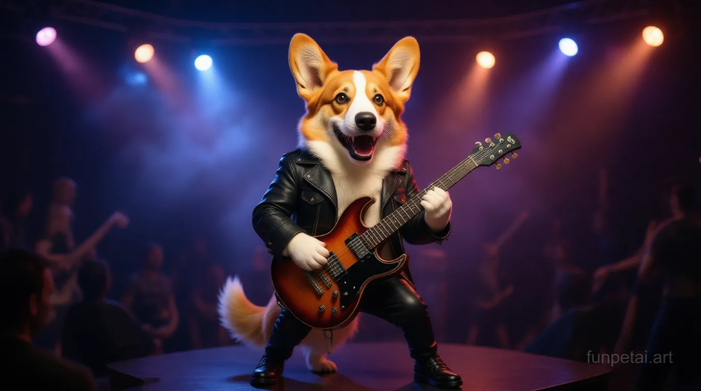 Corgi on stage with an electric guitar and concert lights, cinematic AI pet portrait