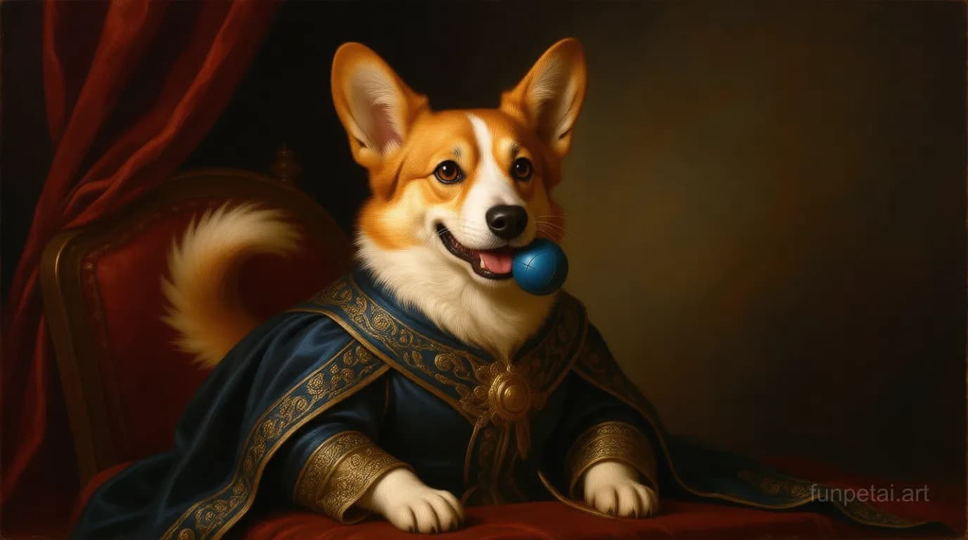 Corgi in a royal portrait with ornate outfit, classic oil texture, cinematic AI pet portrait