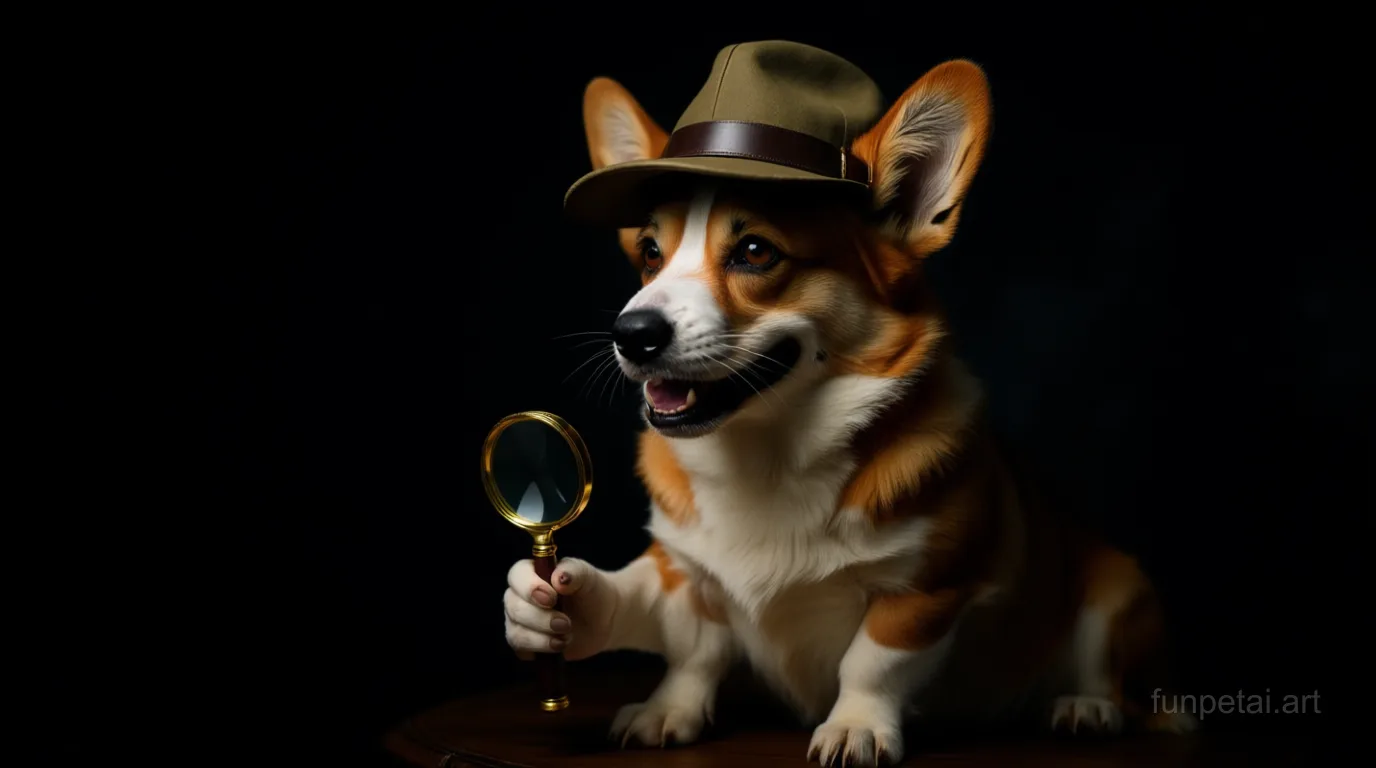 Corgi as a detective with a deerstalker hat and magnifier, cinematic AI pet portrait