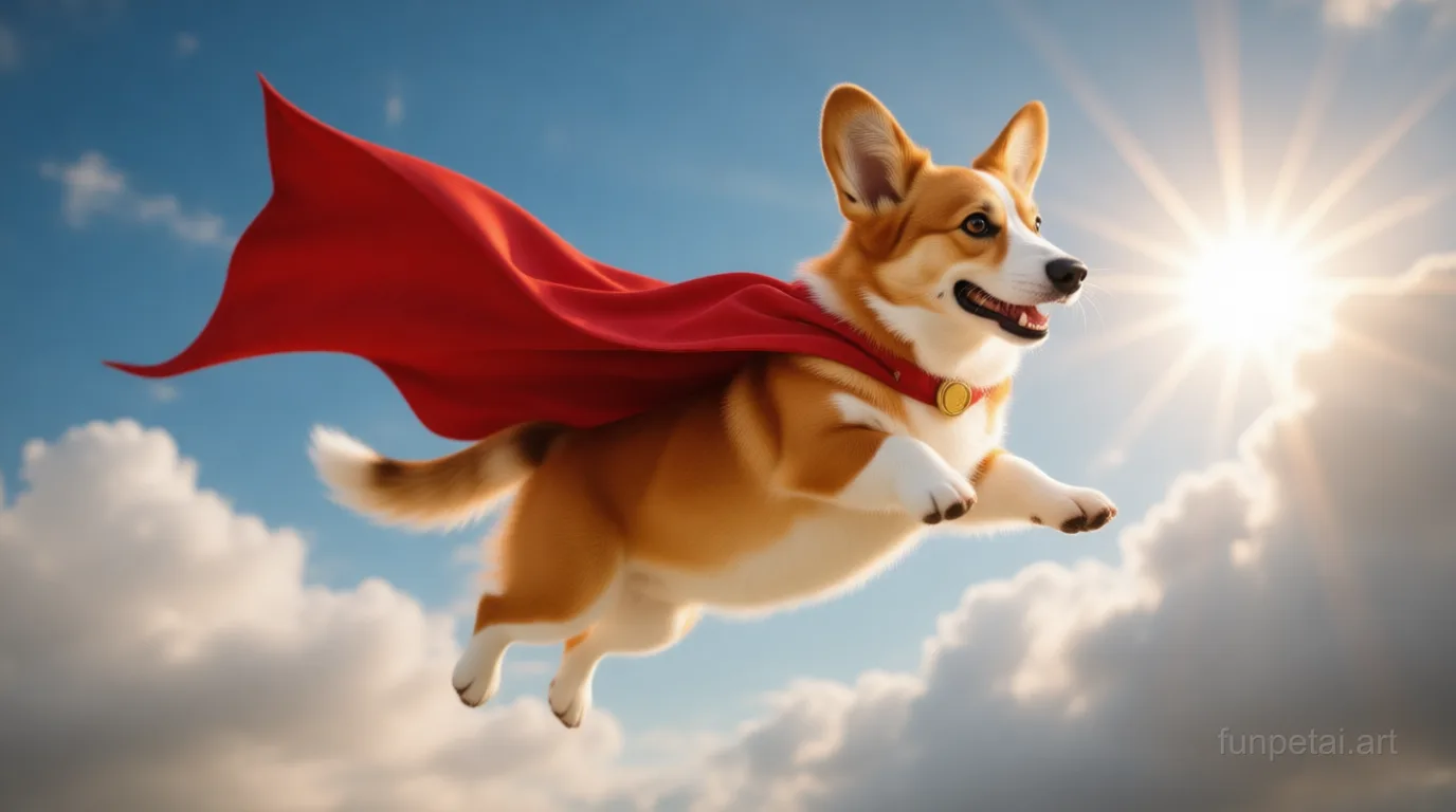 Corgi as a superhero with a cape and heroic sky, cinematic AI pet portrait
