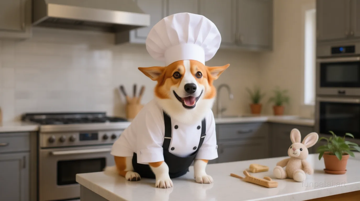 Corgi wearing a chef hat in a modern kitchen, cinematic AI pet portrait