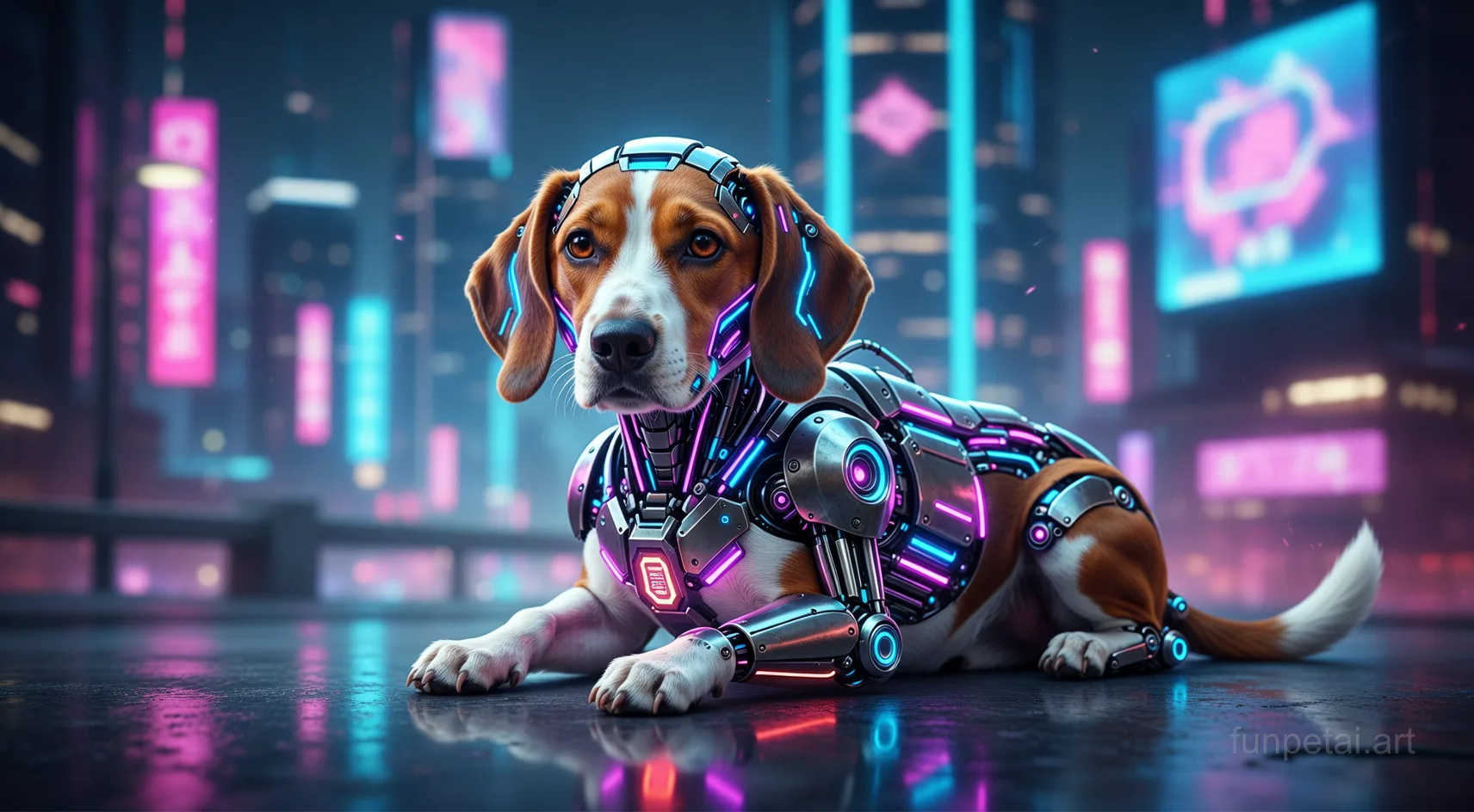 Dachshund in neon cyberpunk city lights with metallic accents, cinematic AI pet portrait