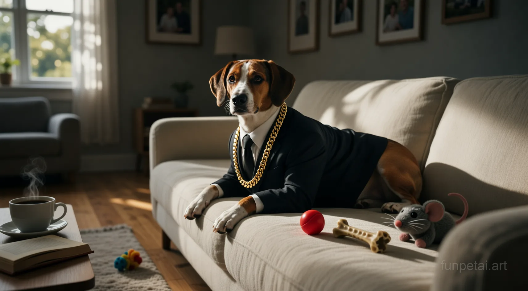 Dachshund in a dark suit with gold chain, cinematic noir lighting, cinematic AI pet portrait