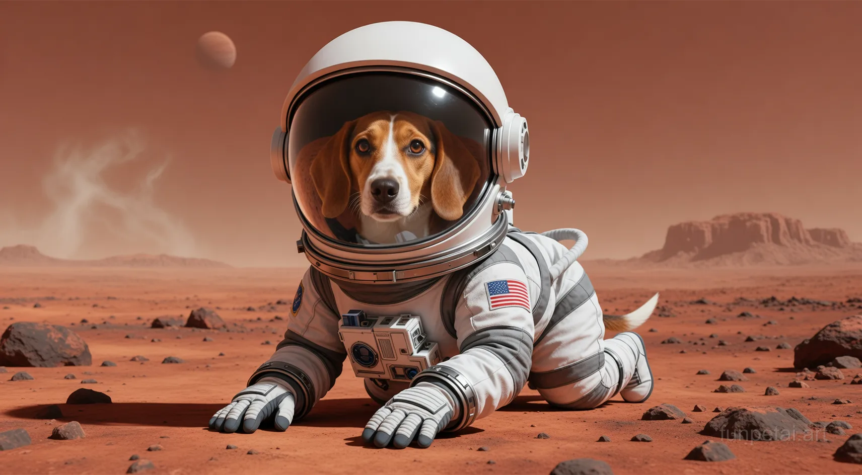 Dachshund wearing a space suit on Mars, red planet glow, cinematic AI pet portrait