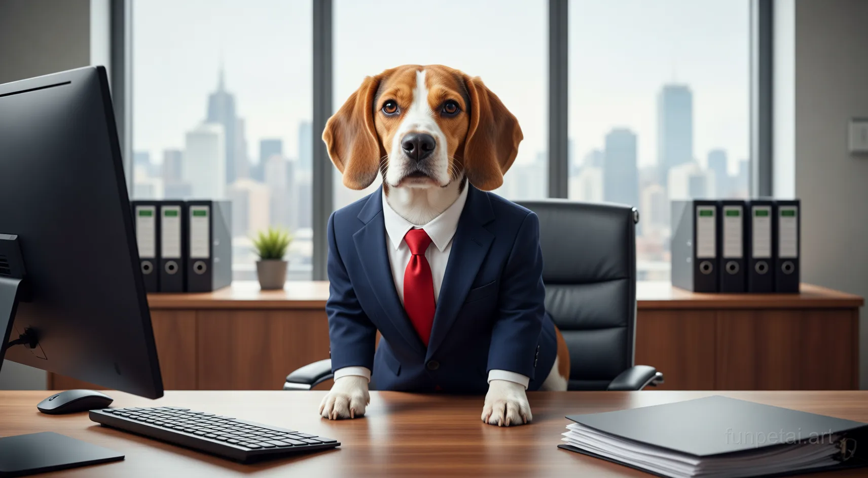 Dachshund in a tailored suit at a modern office desk, cinematic AI pet portrait