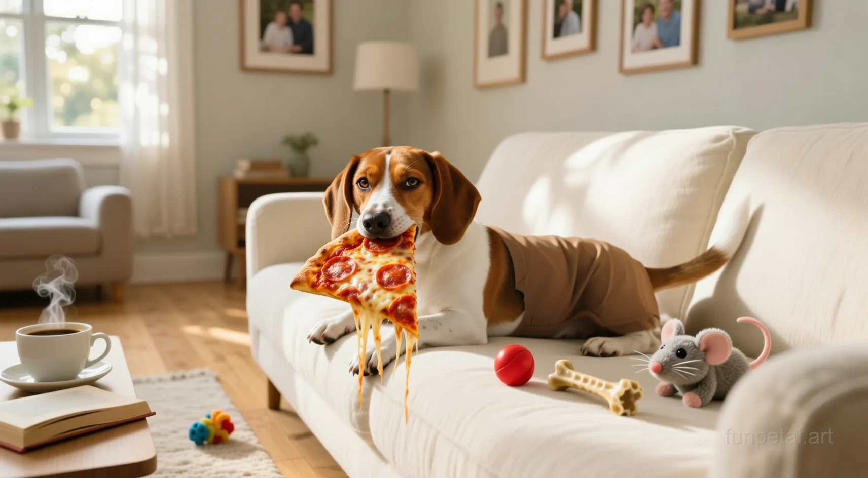 Dachshund stealing a pizza slice with a playful expression, cinematic AI pet portrait