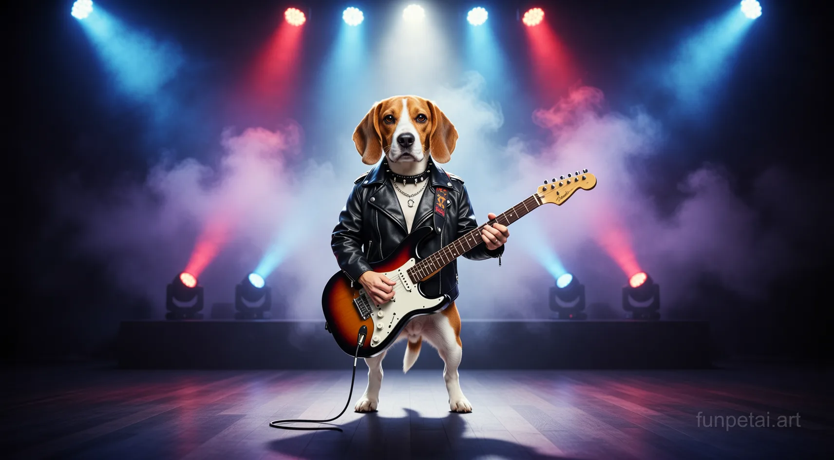 Dachshund on stage with an electric guitar and concert lights, cinematic AI pet portrait