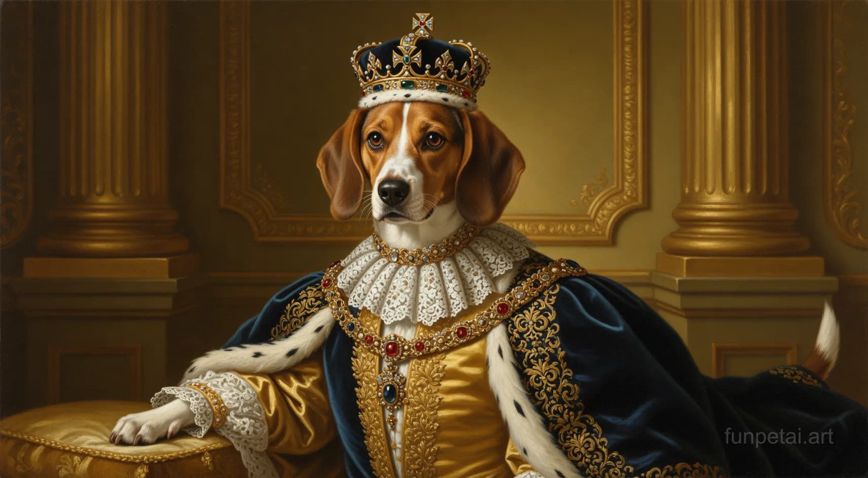 Dachshund in a royal portrait with ornate outfit, classic oil texture, cinematic AI pet portrait