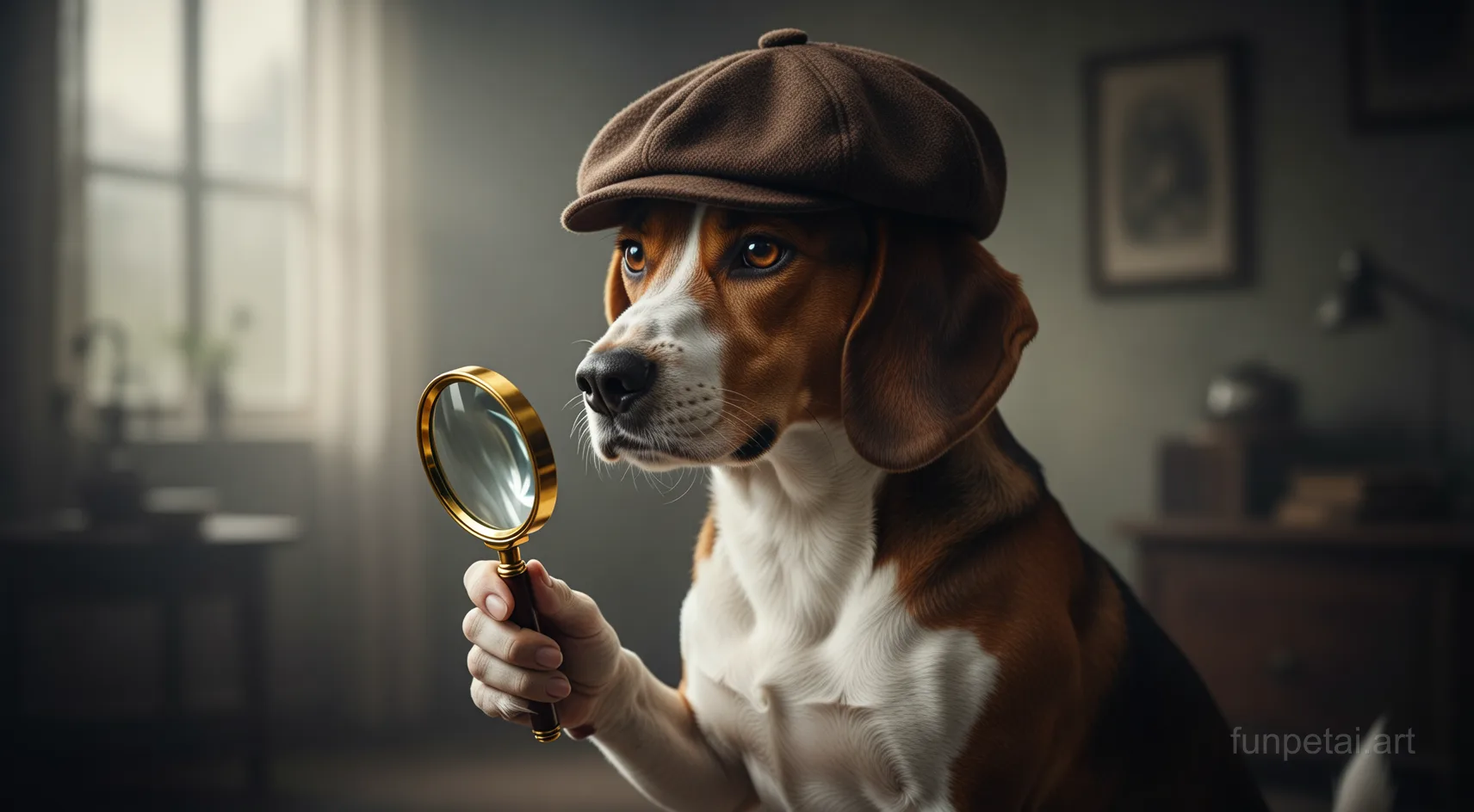 Dachshund as a detective with a deerstalker hat and magnifier, cinematic AI pet portrait