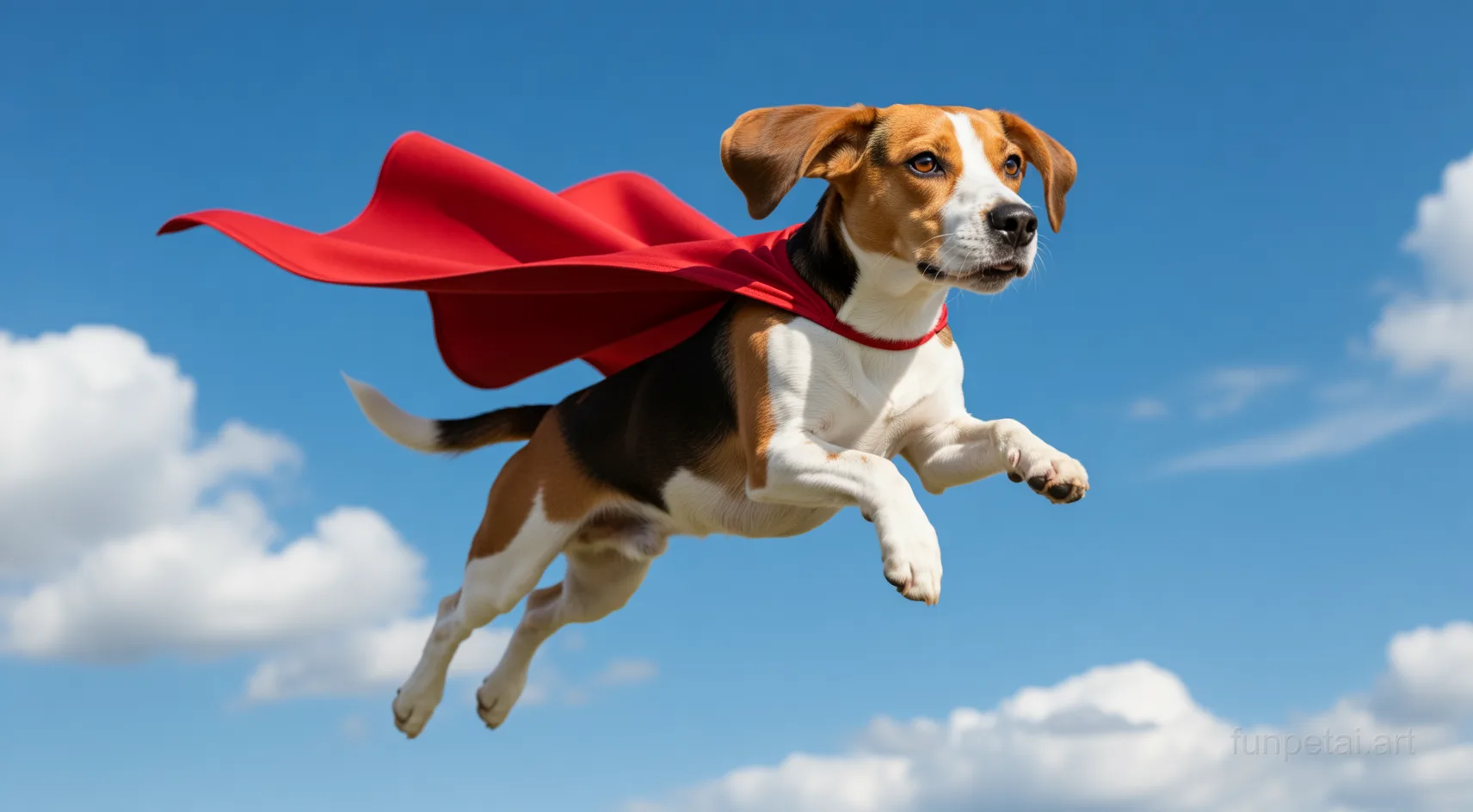 Dachshund as a superhero with a cape and heroic sky, cinematic AI pet portrait