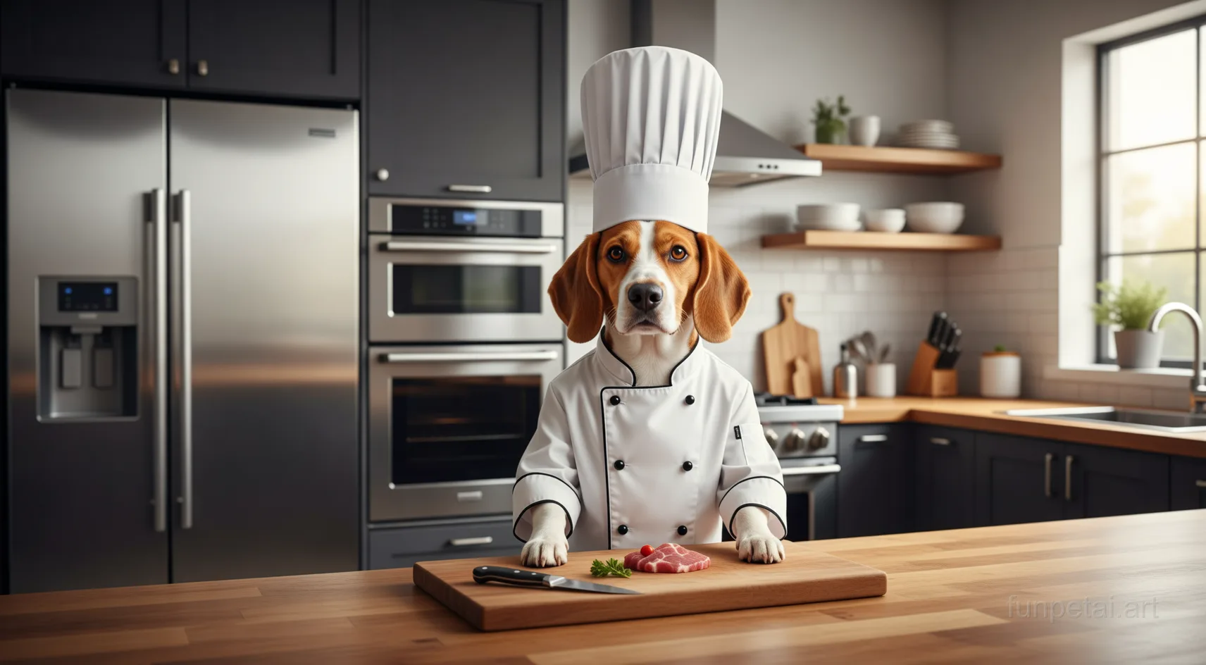 Dachshund wearing a chef hat in a modern kitchen, cinematic AI pet portrait