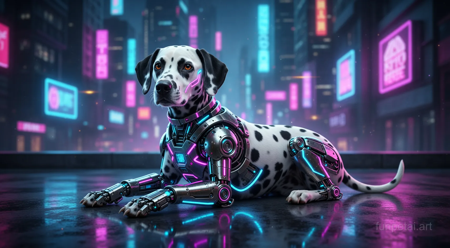 Dalmatian in neon cyberpunk city lights with metallic accents, cinematic AI pet portrait