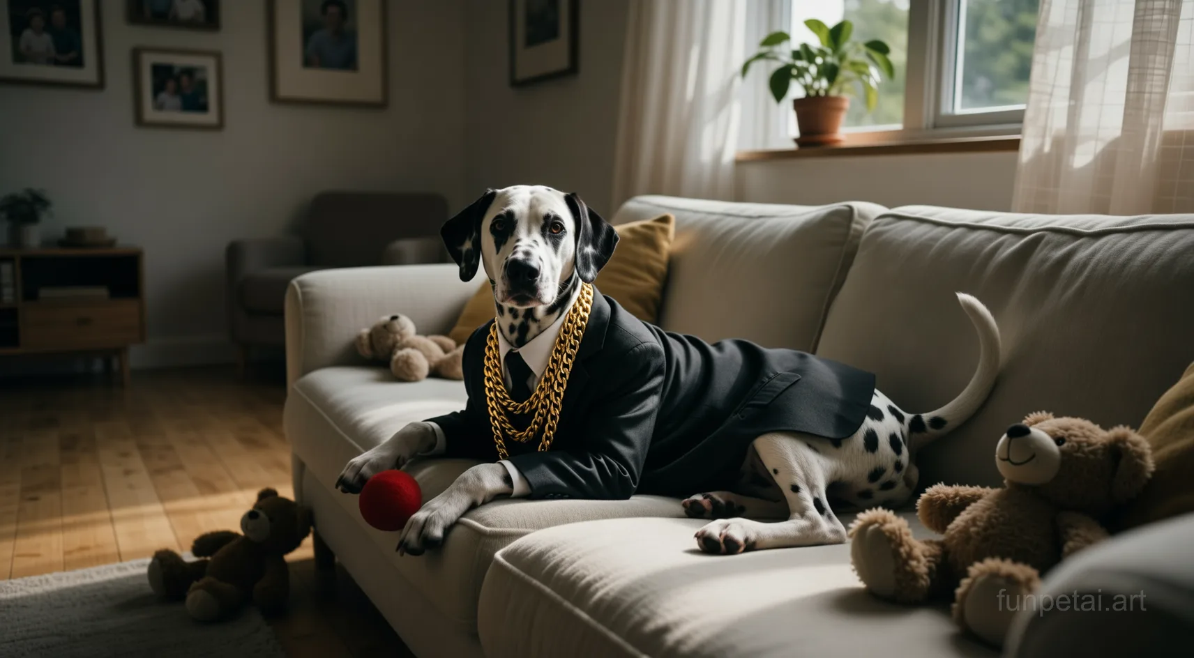 Dalmatian in a dark suit with gold chain, cinematic noir lighting, cinematic AI pet portrait