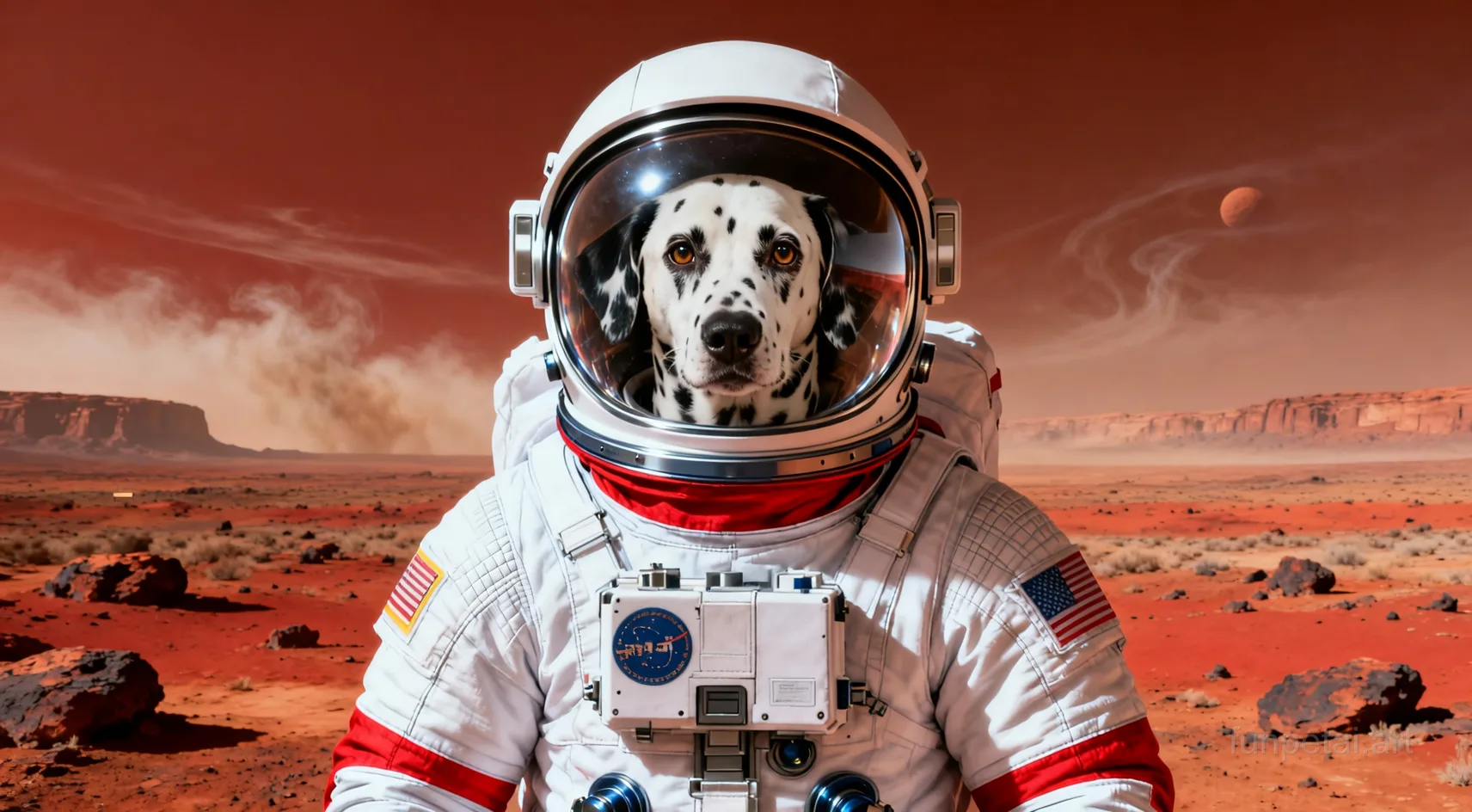 Dalmatian wearing a space suit on Mars, red planet glow, cinematic AI pet portrait