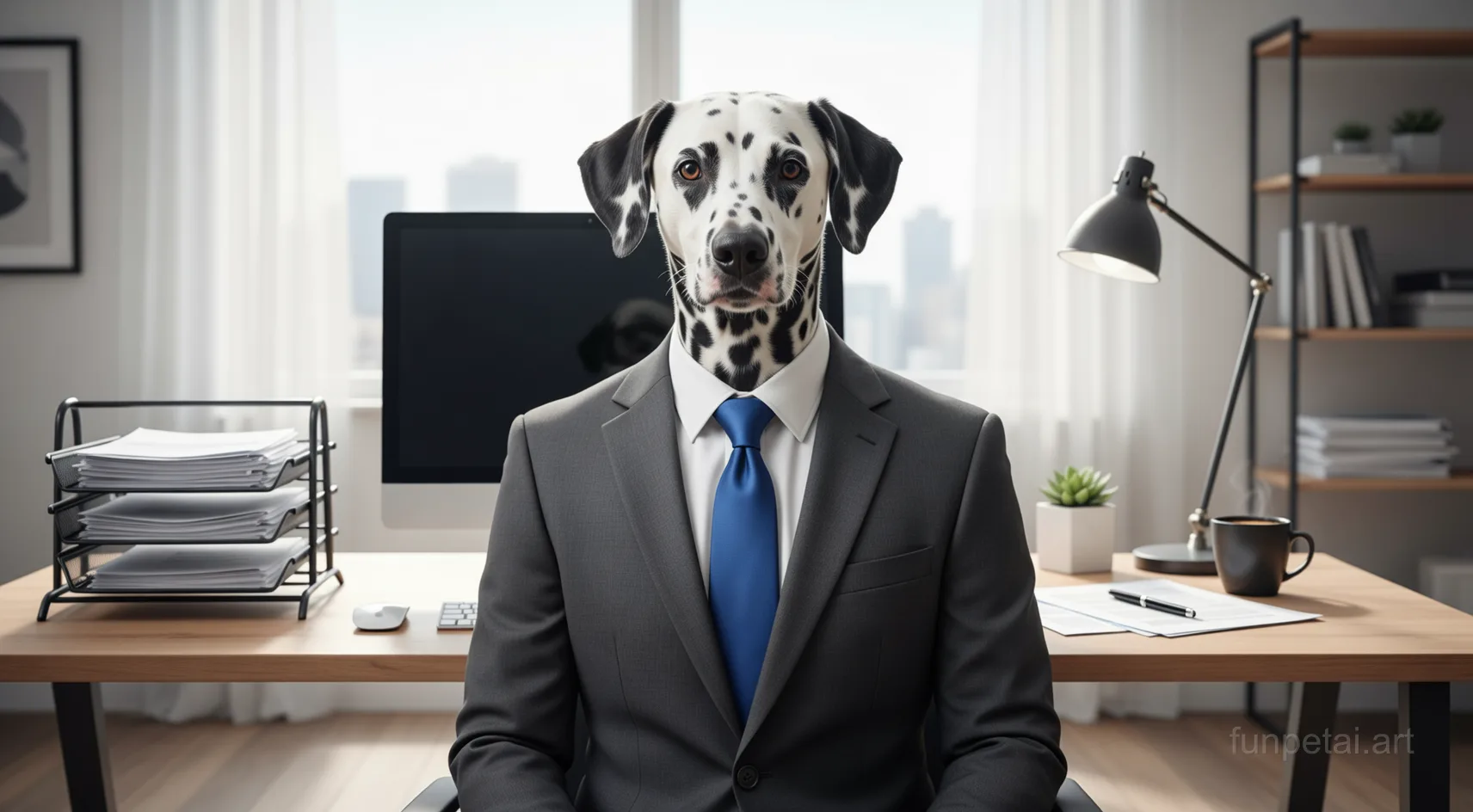 Dalmatian in a tailored suit at a modern office desk, cinematic AI pet portrait