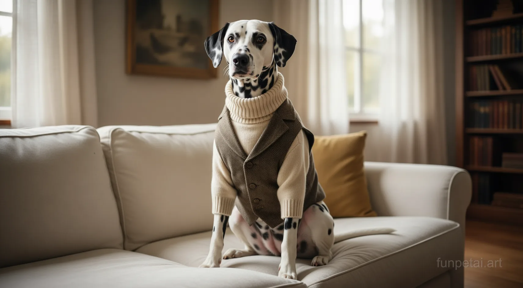 Dalmatian in an old money portrait with cashmere texture, cinematic AI pet portrait