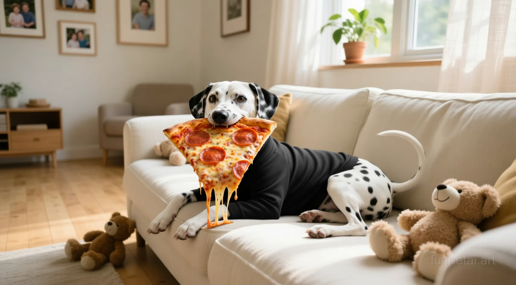 Dalmatian stealing a pizza slice with a playful expression, cinematic AI pet portrait