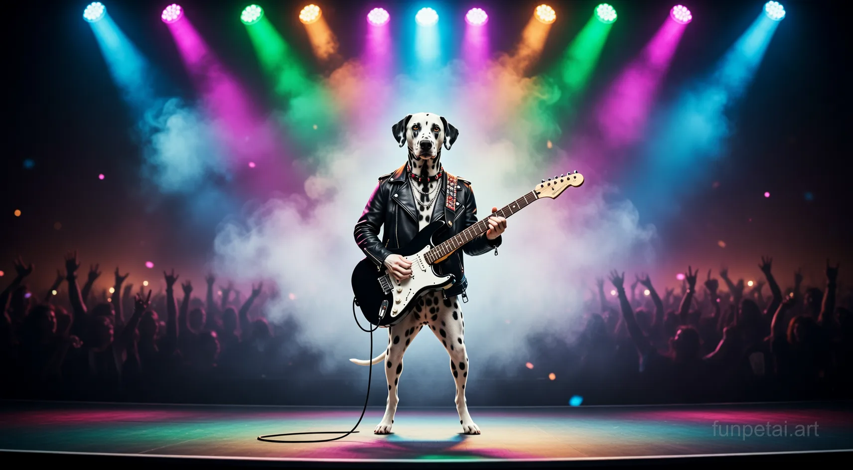 Dalmatian on stage with an electric guitar and concert lights, cinematic AI pet portrait