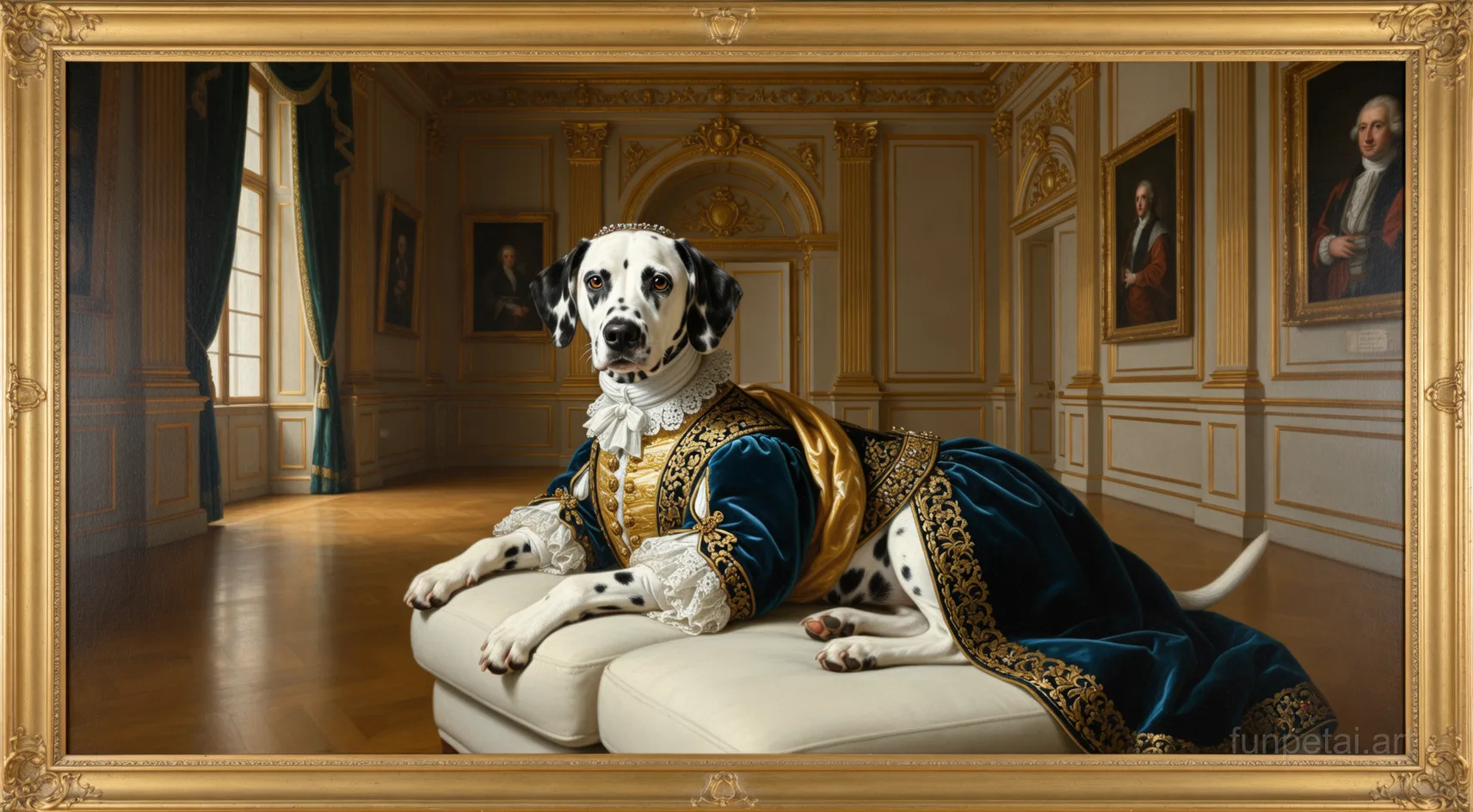 Dalmatian in a royal portrait with ornate outfit, classic oil texture, cinematic AI pet portrait